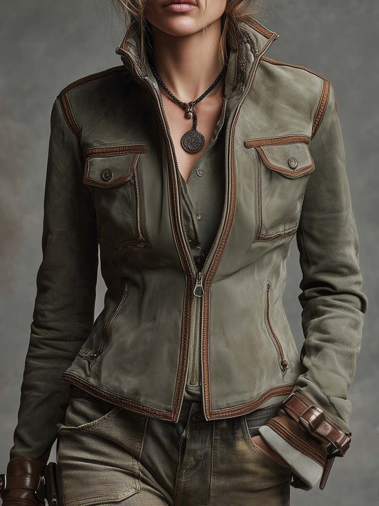 Vintage Military-style Microsuede Jacket With Leather Trim
