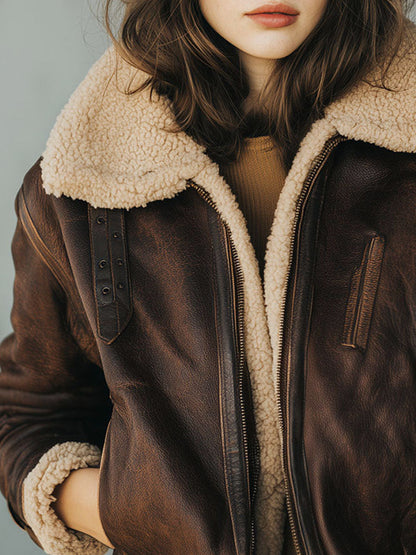 Vintage Shearling Dark Brown Eco Leather Aviator Bomber Jacket