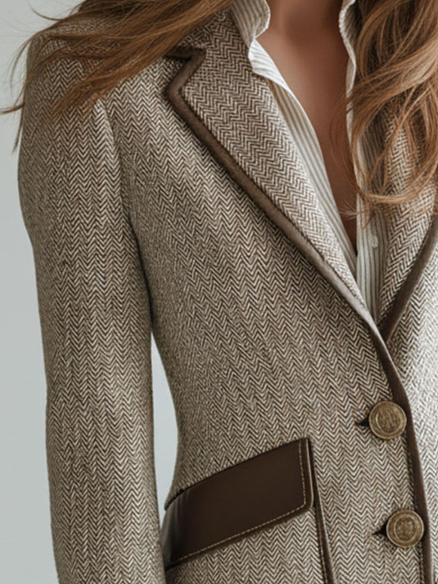 Vintage Herringbone Tweed Eco Leather Trim Tailored Jacket