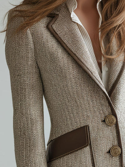 Vintage Herringbone Tweed Eco Leather Trim Tailored Jacket
