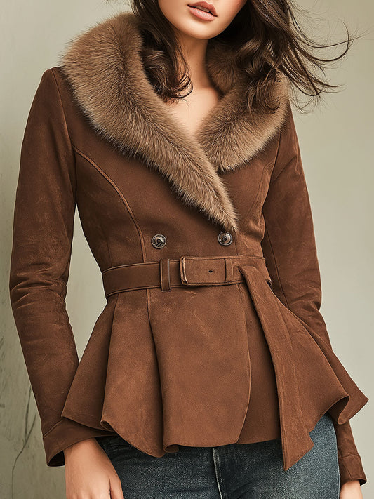 Elegant Double-Breasted  Brown Microsuede Peplum Jacket With Eco Fur Collar