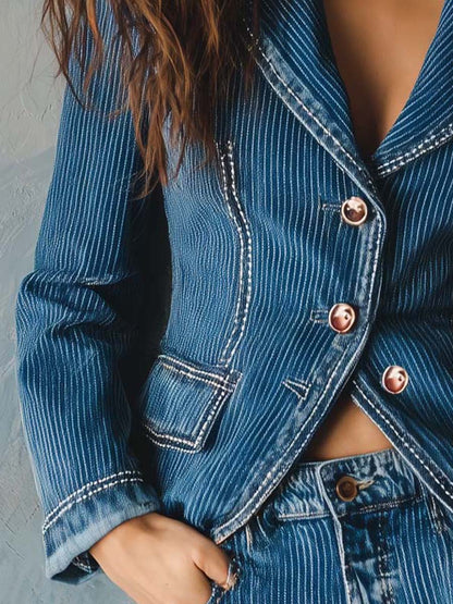 Vintage Blue Pinstripe Denim Fitted Blazer