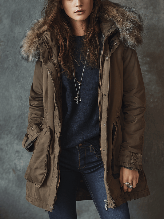 Casual Outdoor Fur Hooded Parka Work Jacket