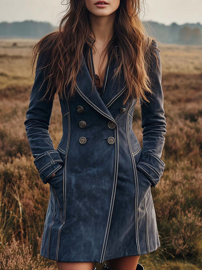 Slate Blue Microfiber Suede Long Blazer Dress With Contrast Piping