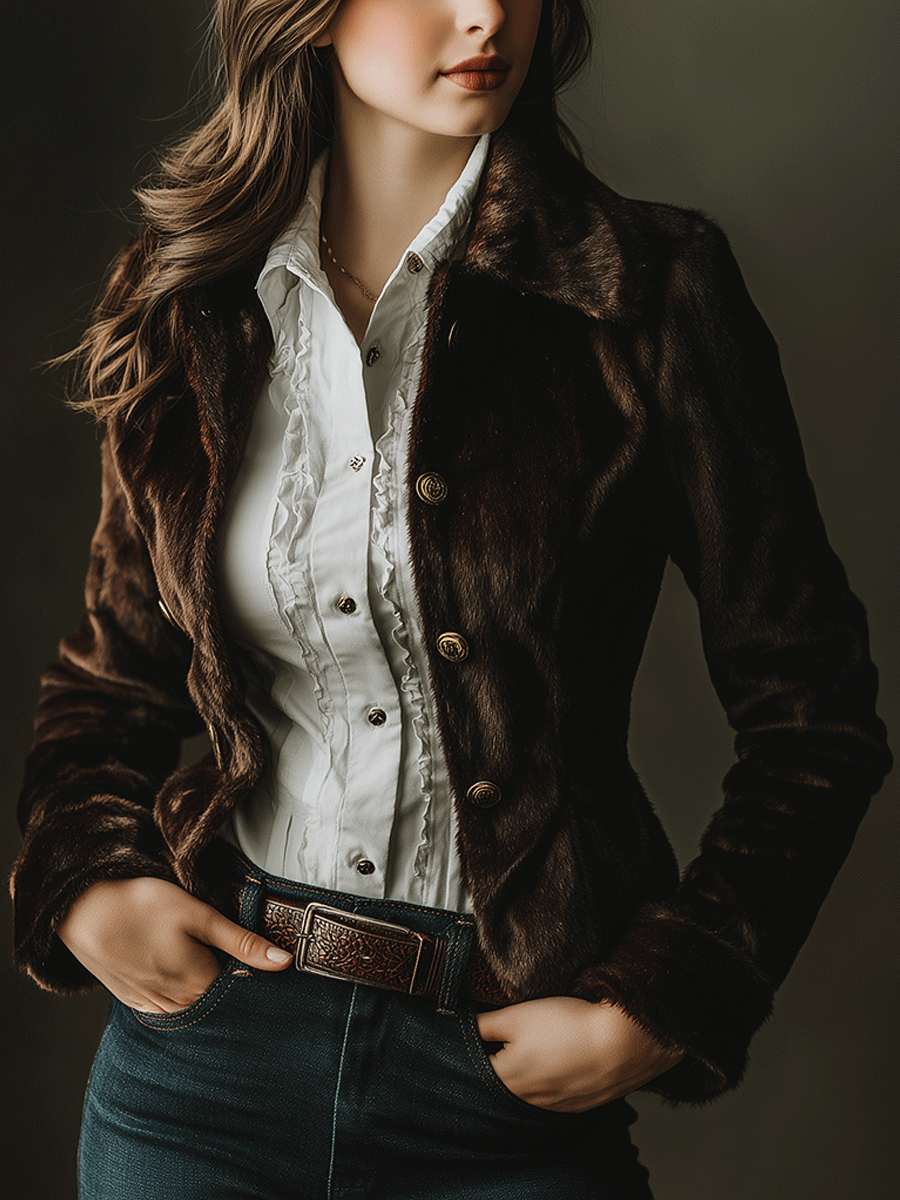 Vintage Eco-Fur Button-Down Cropped Slim-Fit Jacket