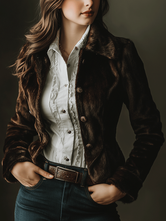 Vintage Eco-Fur Button-Down Cropped Slim-Fit Jacket