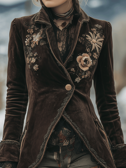 Bohemian Romance Brown Floral Embroidered Suede Jacket