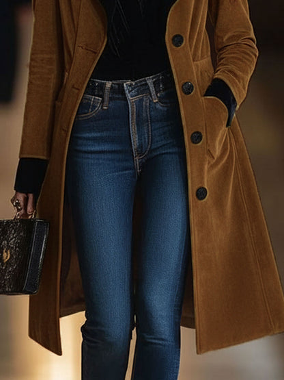 【24-hour shipping out】Casual Loose Vintage Caramel Suede Black Lapel Single Breasted Coat