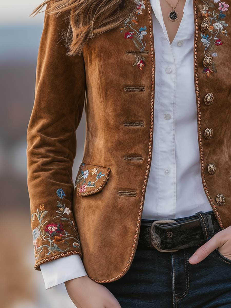 Vintage Stand-up Collar Embroidered Eco-suede Jacket