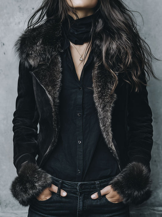 Vintage Black Eco Fluffy Lining And  MIcrosuede Jacket