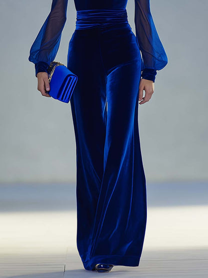 Vintage Elegant And Exquisite V-neck Mesh Long-sleeved Royal Blue Velvet Jumpsuit