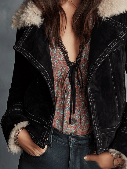 Retro Black Shearling Collar Short Warm Jacket