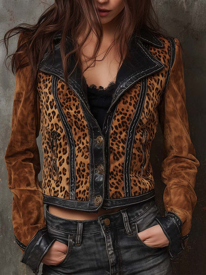 Vintage Leopard Print Suede Jacket With Leather Trim