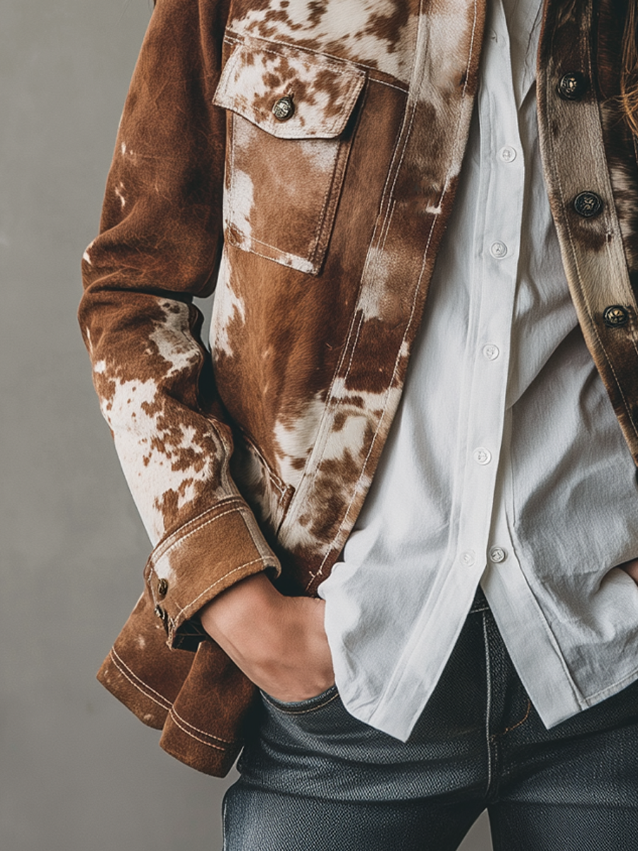 Vintage Cow Skin Prined Eco-friendly Suede Jacket