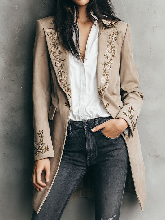 Vintage Floral Embroidery Beige Long Tailored Jacket