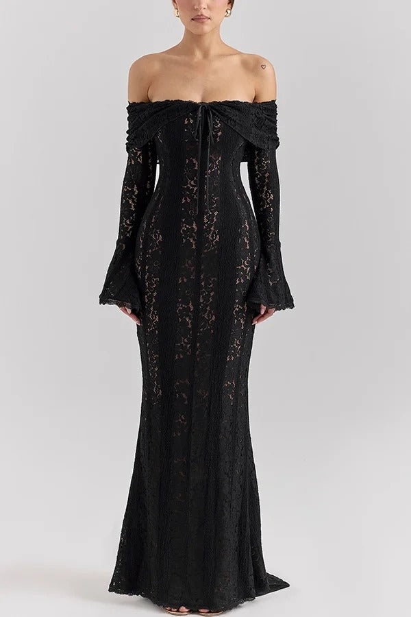 Leila® | Off Shoulder Floral Lace Flared Sleeve Fishtail Maxi Dress - White