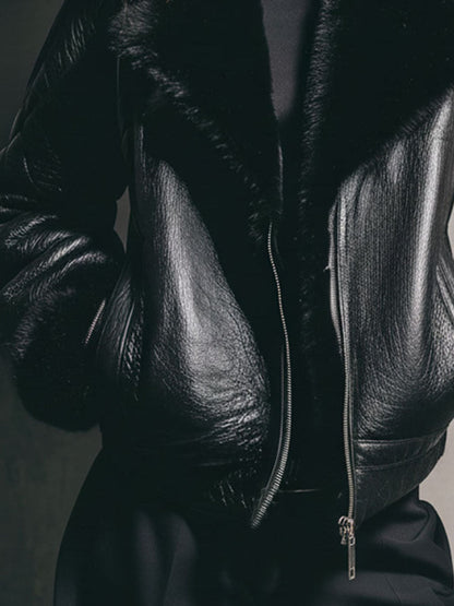 Black Eco Leather Shearling Moto Jacket With Zipper