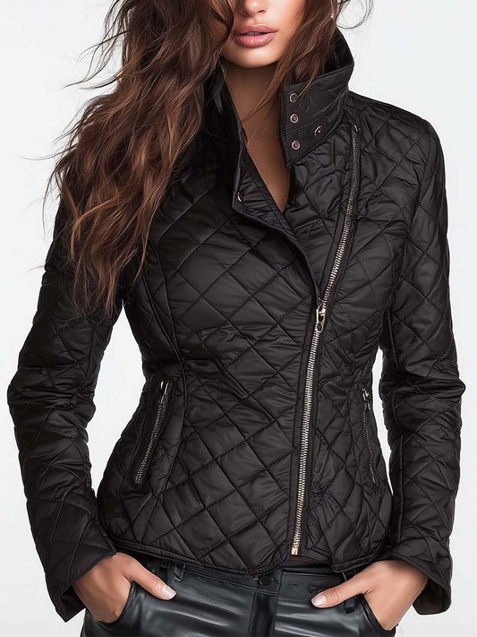 Stylish Waist-Cinched Diamond Quilted Padded Jacket