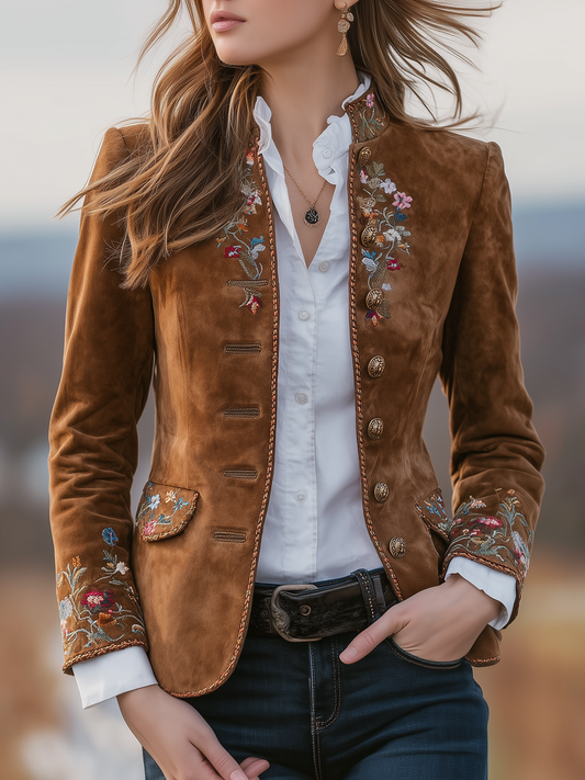 Vintage Stand-up Collar Embroidered Eco-suede Jacket