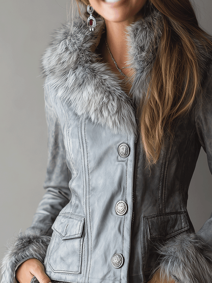 Vintage Grey Leather Faux Fur Trim Jacket