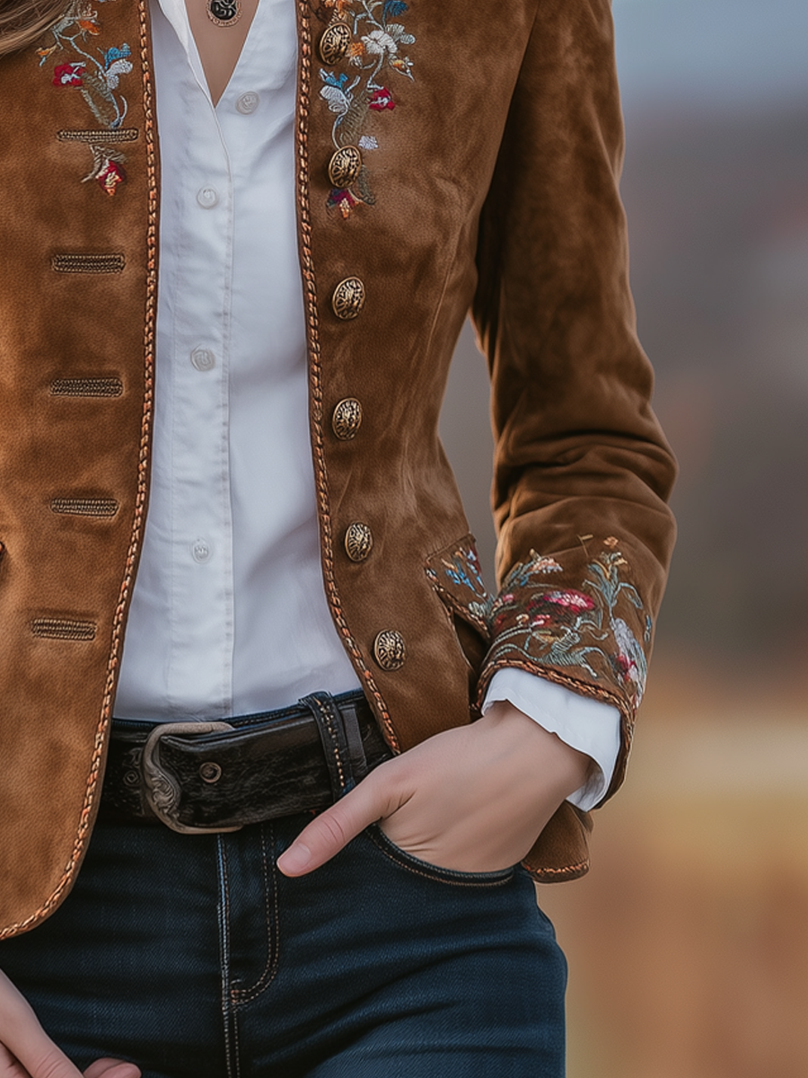 Vintage Stand-up Collar Embroidered Eco-suede Jacket