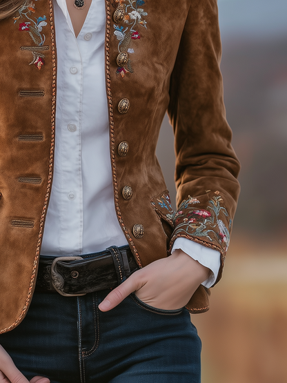 Vintage Stand-up Collar Embroidered Eco-suede Jacket