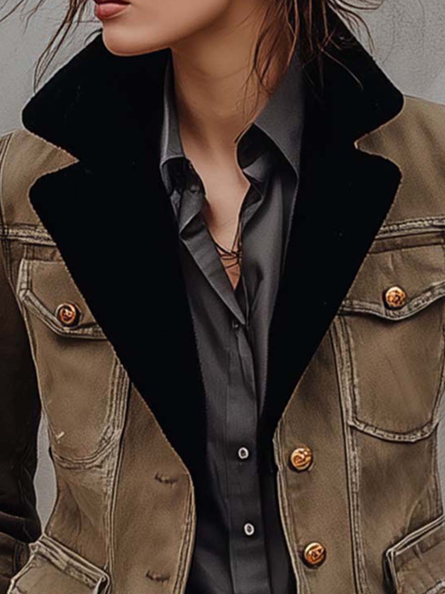 Vintage Utility Khaki Blazer With Black Contrast Lapel