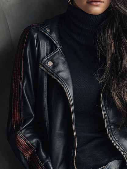 Asymmetric Zipper Black Eco Leather Moto Biker Jacket With Burgundy Stripes