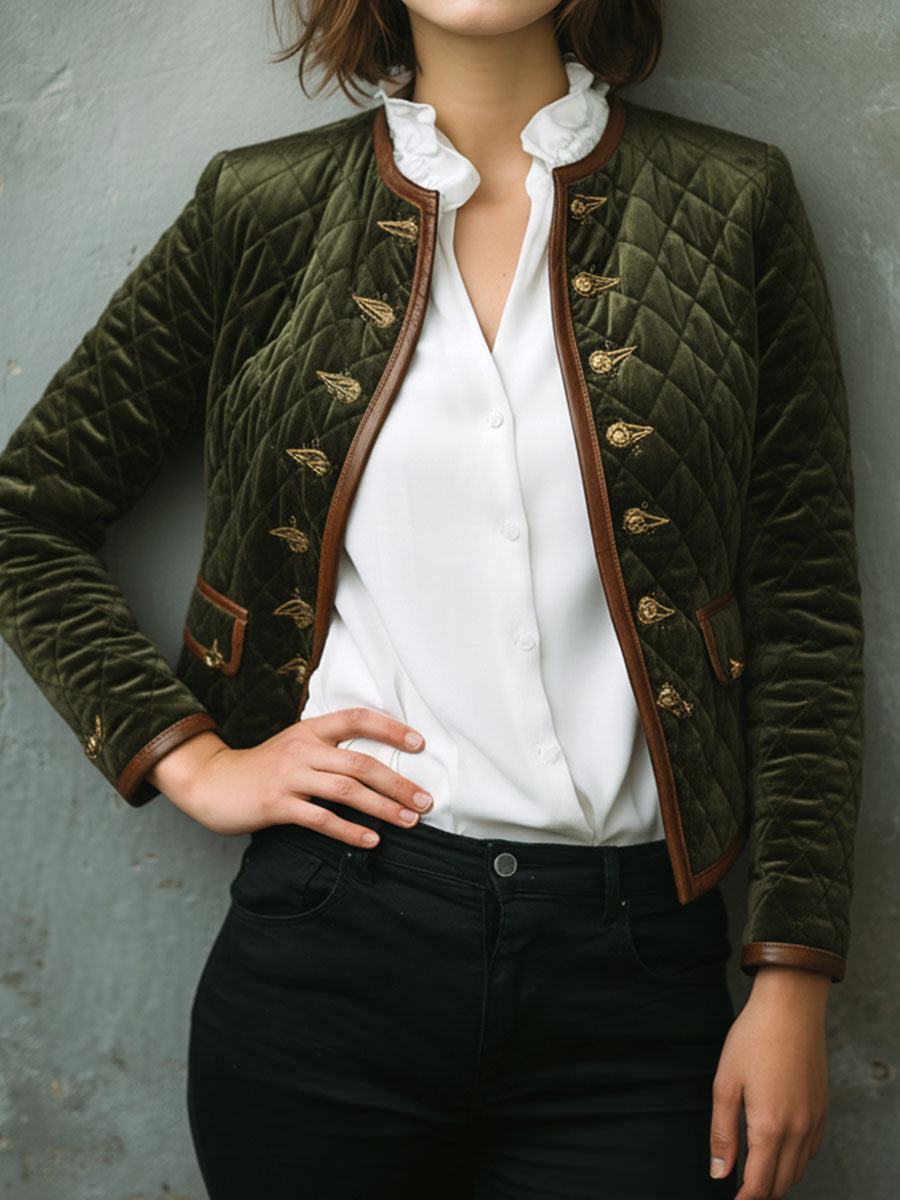 Vintage Olive Quilted Velvet Button Down Jacket