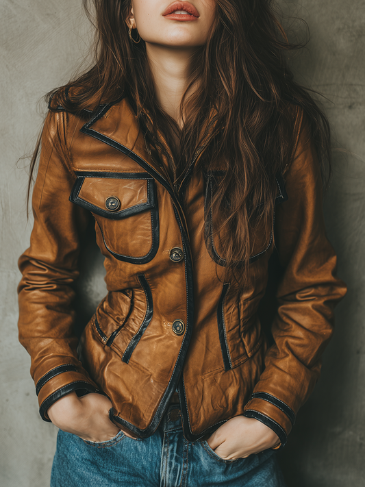Vintage Contrast-trimmed Eco-friendly Leather Jacket