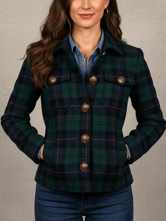Vintage Green And Navy Plaid Button Detailing Jacket