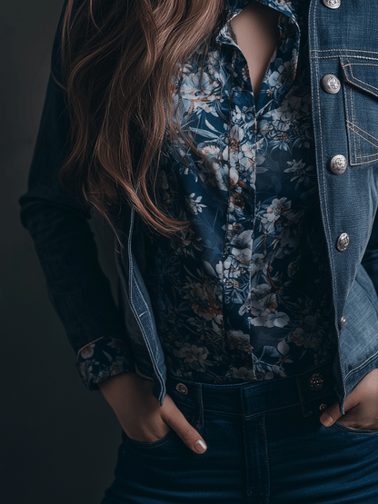 Vintage Wash Denim Military Inspired Gold Buttons Jacket