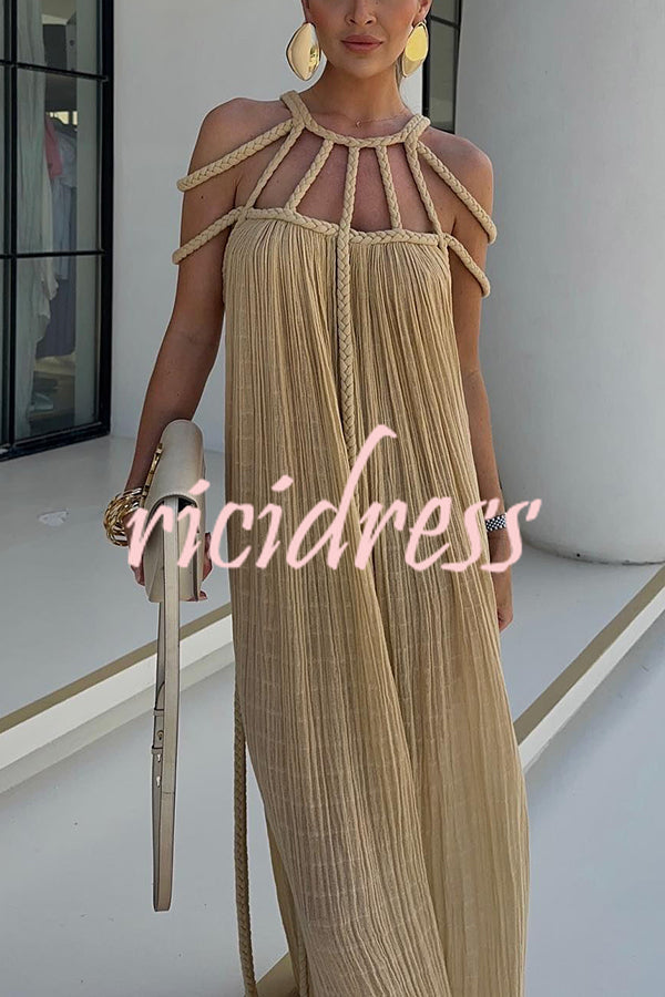 Modern and Sophisticated Linen Blend Draped Braids Cover Up Maxi Dress