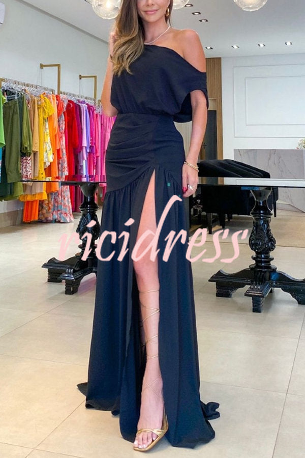 Midnight Chances One Shoulder Ruched Detail Slit Maxi Dress