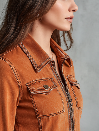 Vintage Burnt Orange Utility Zip Denim Jacket