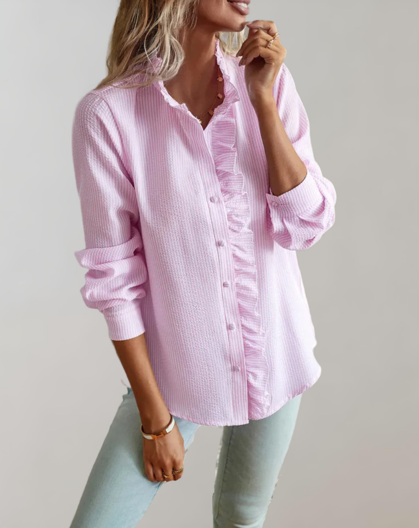 Abelia® | Loose-Fitting Top With Ruffles, Stand-Up Collar, Button Closure And Long Sleeves