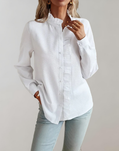 Abelia® | Loose-Fitting Top With Ruffles, Stand-Up Collar, Button Closure And Long Sleeves