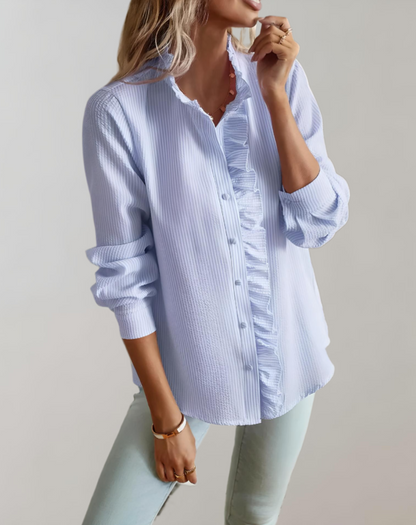 Abelia® | Loose-Fitting Top With Ruffles, Stand-Up Collar, Button Closure And Long Sleeves