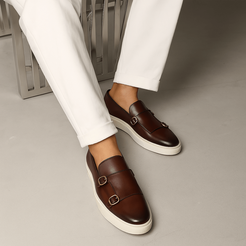Luxeoutfit | Contrast Buckled Leather Loafers