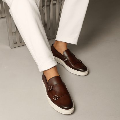 Luxeoutfit | Contrast Buckled Leather Loafers