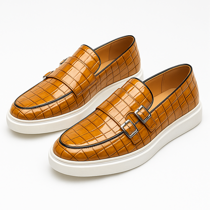 Luxeoutfit | Twin Buckle Croc-Texture Loafers
