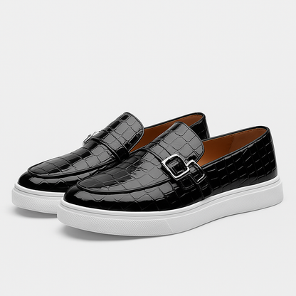 Luxeoutfit | Twin Buckle Croc-Texture Loafers