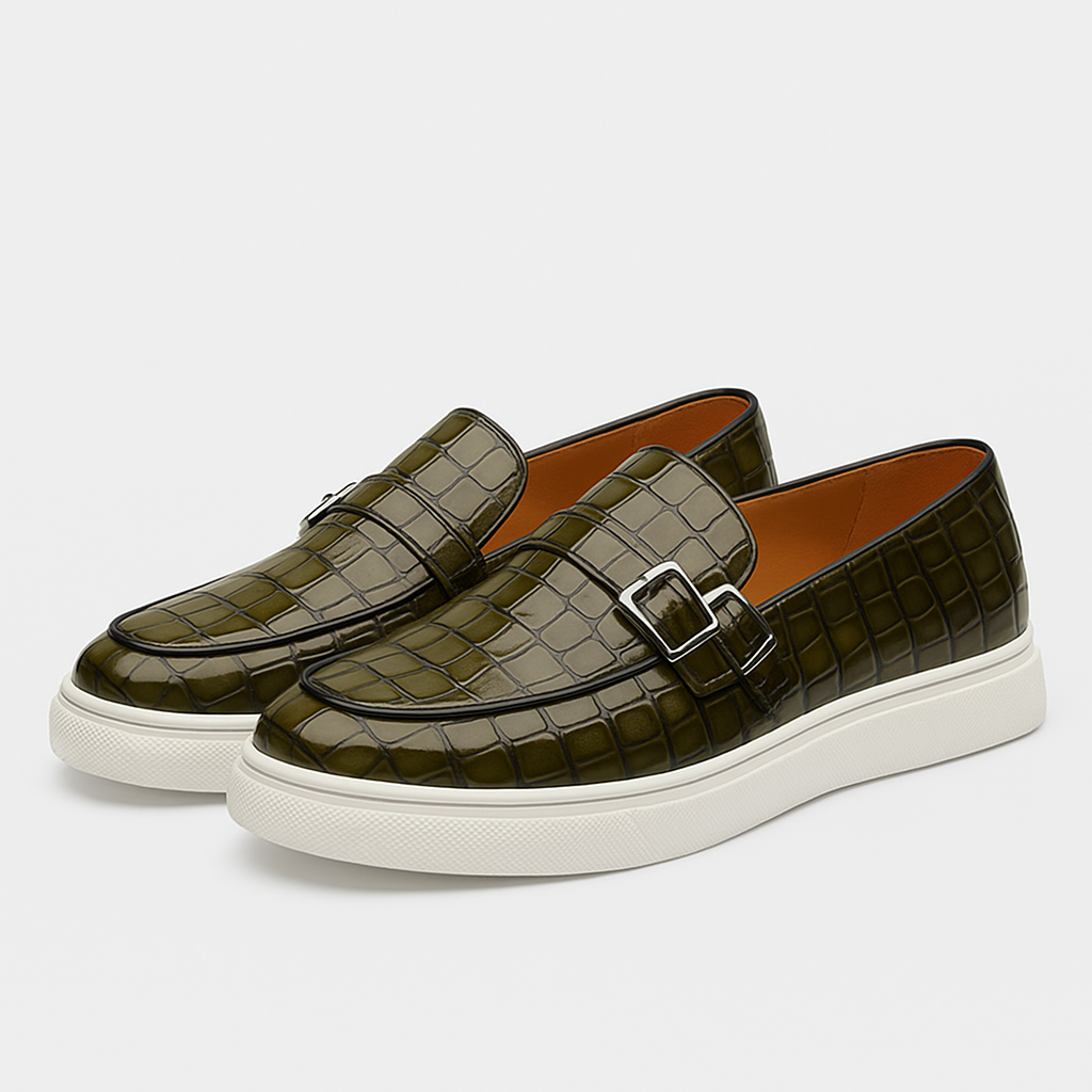 Luxeoutfit | Twin Buckle Croc-Texture Loafers