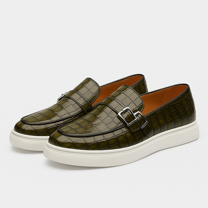 Luxeoutfit | Twin Buckle Croc-Texture Loafers