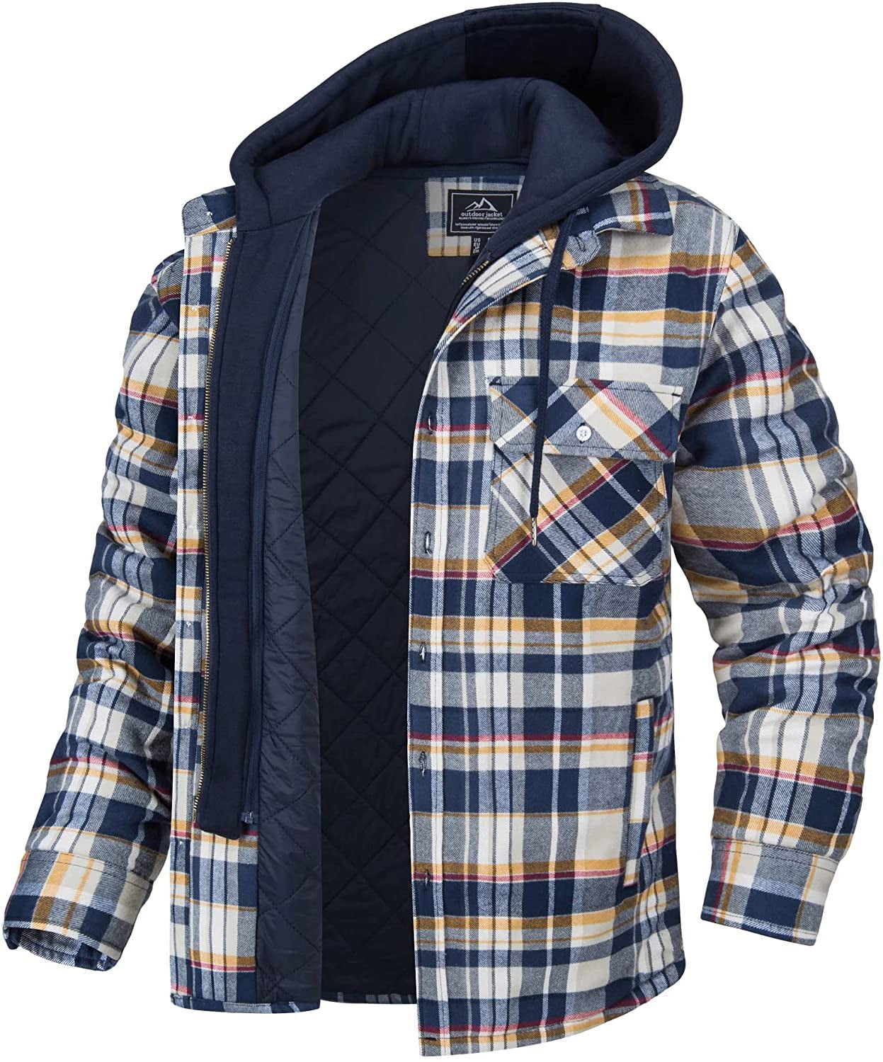 Men’s Shirt Jacket – Relaxed Fit – Flannel Plaid – Quilted Lining – Detachable Hood