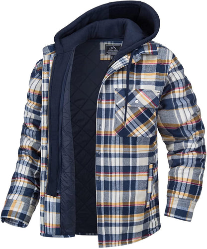 Men’s Shirt Jacket – Relaxed Fit – Flannel Plaid – Quilted Lining – Detachable Hood