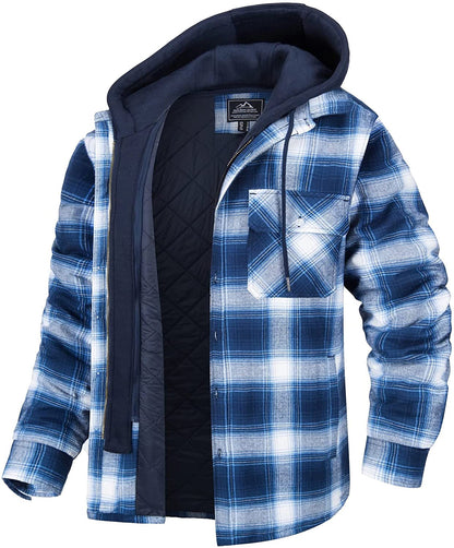 Men’s Shirt Jacket – Relaxed Fit – Flannel Plaid – Quilted Lining – Detachable Hood