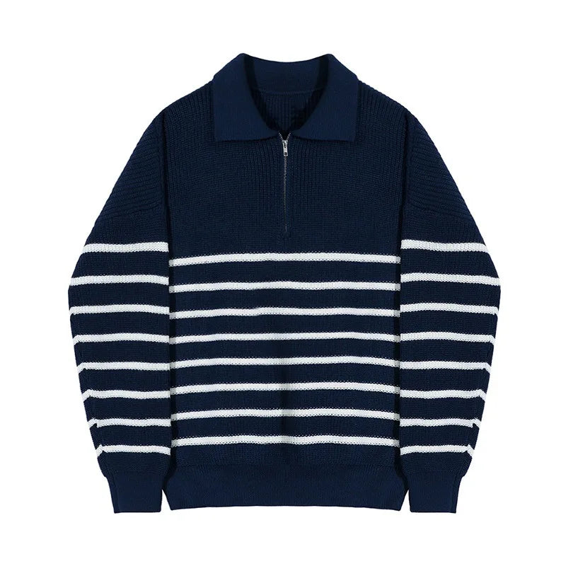 Men’s Sweater – Relaxed Fit – Half Zip Polo Collar – Ribbed Wool Blend – Striped Knit