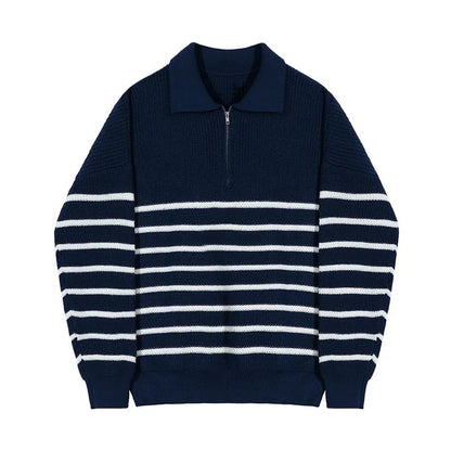 Men’s Sweater – Relaxed Fit – Half Zip Polo Collar – Ribbed Wool Blend – Striped Knit