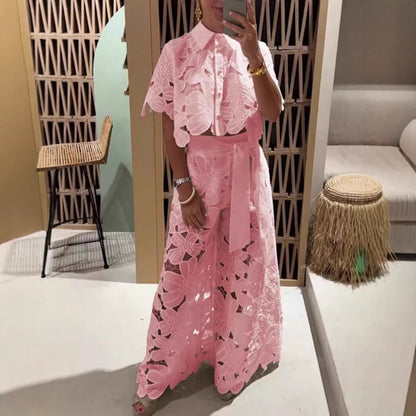 Rosa® | Women'S Evening Set With Floral Cut-Out Design And Waist Belt